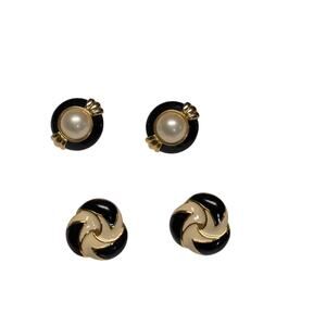 Lot of 2 Pairs Black & Gold Stud Earrings – Enamel & Faux Pearl Vintage Style